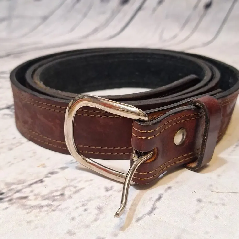 Brown Genuine Leather Belt Double Stitch Silver Tone Buckle Classic SzL 56